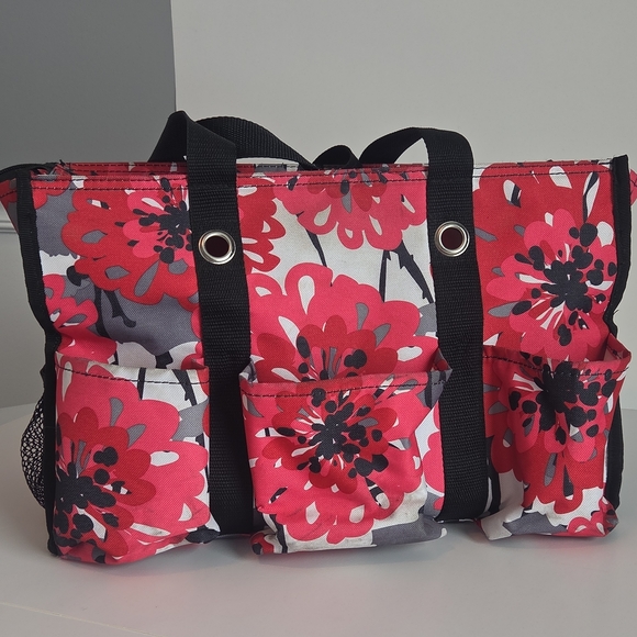 Thirty-One Pink Floral Tote with Black Straps With Monagram "S" - Picture 2 of 10